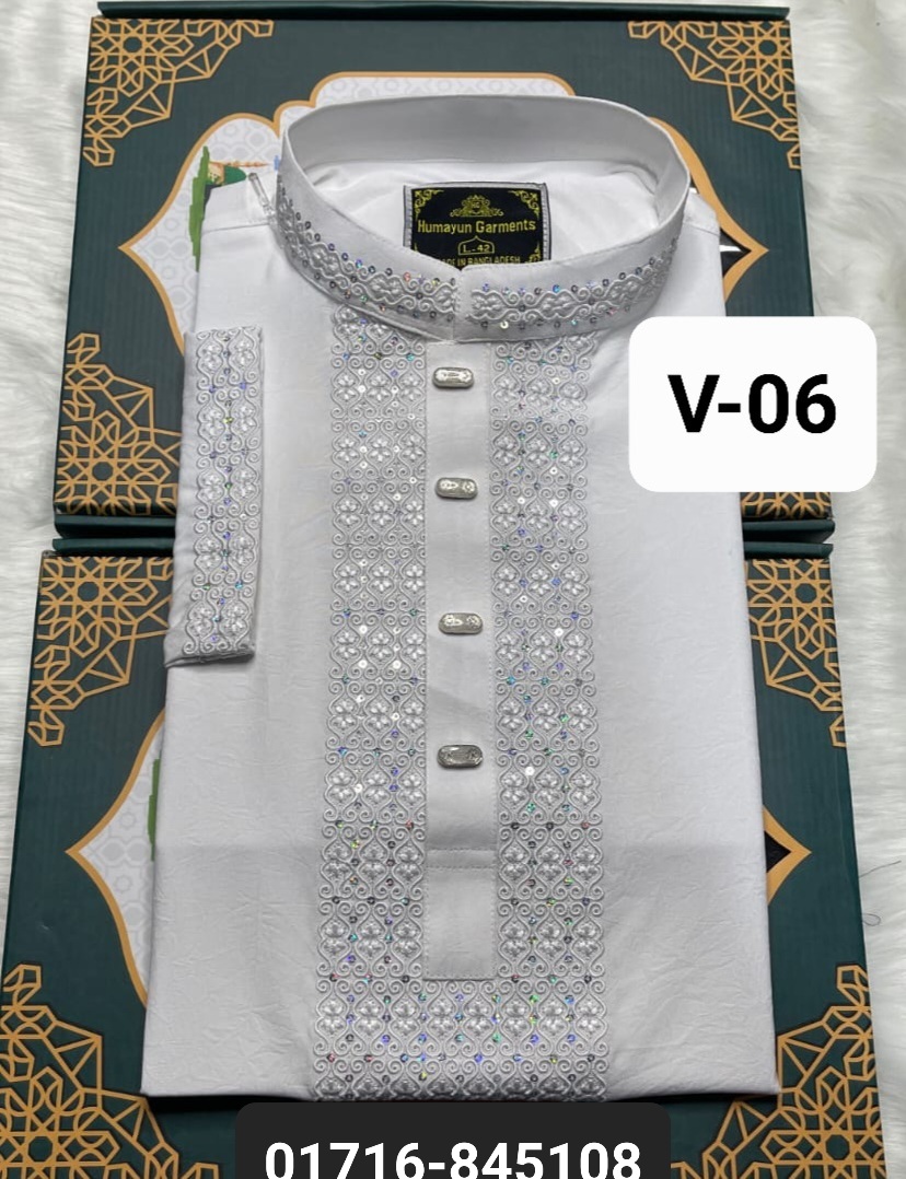 চায়না ভাঙচুর স্ট্রিচ পাঞ্জাবি= V-06 (সাদা)